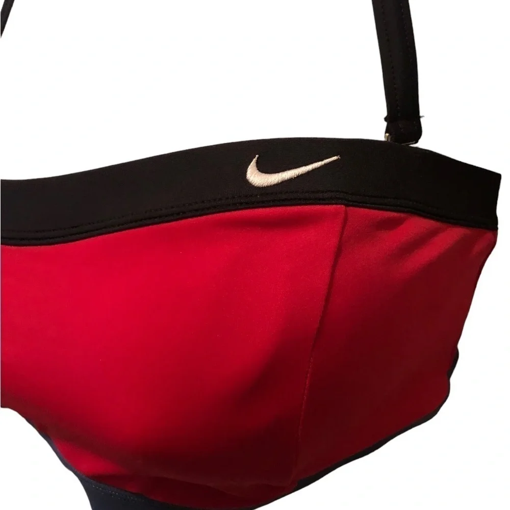 Nike Swim Bandeau Top Sz. 10 Built in Bra Red Navy Swoosh Logo Summer Pool Beach